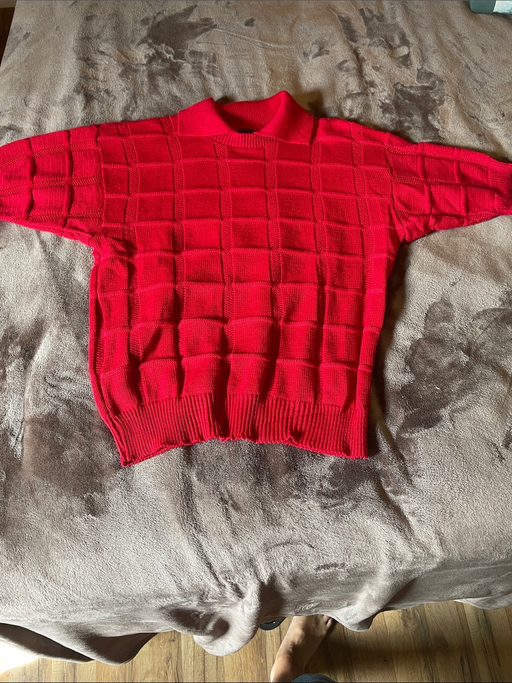 Vintage cotton Red Women's Knit Square-Pattern Sweater